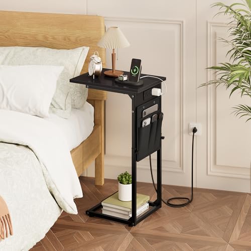 C-Shaped End Tables Set of 2 with Charging Station, 33'' Tall C Table Adjustable Height Side Table, Sofa Table for Couch, Couch Table that Slide Under Sofa, TV Trays for Living Room, Black - color: 2pc Black, style: With Plug
