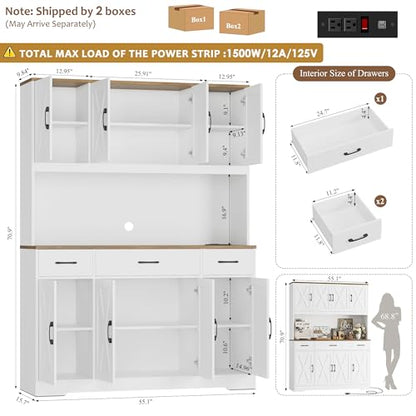 HOSTACK 71" Tall Kitchen Pantry Storage Cabinet, 55" W Kitchen Hutch, White | Large Pantry Cabinet with Charging Station / Countertop / 3 Drawers, Farmhouse Hutch Cabinet with Storage for Dining Room - color: White