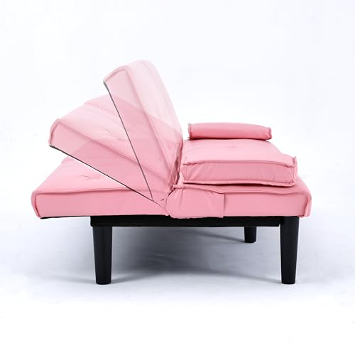 67" Futon Sofa Bed, Convertible Leather Futon Couch (Pink) | Sleeper Bed Couches with Adjustable Backrest, Cup Holders, Comfy Folding Loveseat Couch for Small Spaces Living Room Office - color: Pink