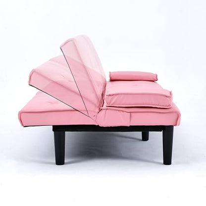67" Futon Sofa Bed, Convertible Leather Futon Couch (Pink) | Sleeper Bed Couches with Adjustable Backrest, Cup Holders, Comfy Folding Loveseat Couch for Small Spaces Living Room Office - color: Pink