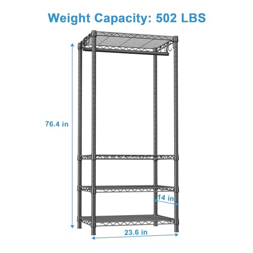 H4 Mini Portable Closet, 4 Tiers Freestanding Clothing Garment Rack for Small Space, Metal Clothes Wardrobe System for Bedroom, 23.6" W x 14" D x 76.4" H, Load 502 lbs, Black | Metal Clothes Wardrobe System for Apartment, Small Space and Bedroom, Load 502