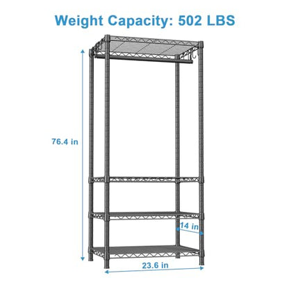 H4 Mini Portable Closet, 4 Tiers Freestanding Clothing Garment Rack for Small Space, Metal Clothes Wardrobe System for Bedroom, 23.6" W x 14" D x 76.4" H, Load 502 lbs, Black | Metal Clothes Wardrobe System for Apartment, Small Space and Bedroom, Load 502