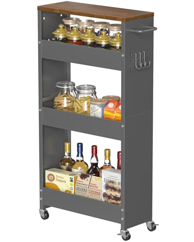CHLORYARD Slim Storage Cart, 4-Tier Kitchen Rolling Cart Narrow Storage Cabinet with Handle & Wheels, Metal Rolling Shelf Unit for Kitchen Bathroom Laundry Small Places (5.9IN/ Gary/Brown) - color: Gary/Brown, size: 5.9 IN Width