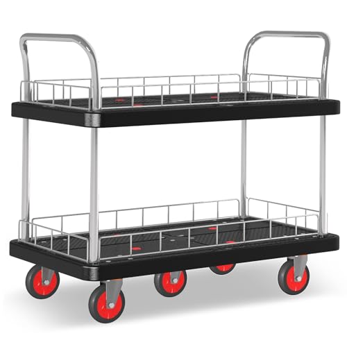 Utility Service Cart 2 Shelf - 880lbs Capacity Heavy-Duty Plastic Rolling Utility Carts with 5 of 360° Swivel Wheels and Handle, Large Service Cart for Groceries, Warehouse,Garage 43.5''x25.6'' - color: 880lbs