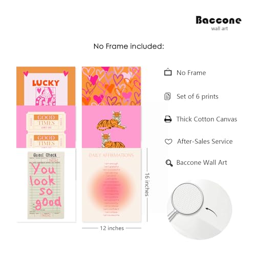 Preppy Wall Art Pink Orange Wall Decor Trendy Canvas Wall Art Aesthetic Pictures Girl Posters Inspirational Daily Affirmation Prints Lucky You Artwork Set of 6 for Dorm Room 12x16 Inch Unframed - color: Preppy Poker Prints, size: 12x16 Inch Unframed