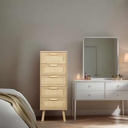 Finnhomy Rattan Dresser for Bedroom, Tall Dresser with 5 Hand Made Rattan Decorated Drawers, Small Chest of Drawers for Living Room, Closet, Hallway, Natural - size: 15.6"D x 15.7"W x 42.1"H (5 Drawers)