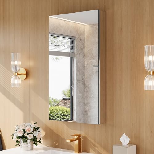 20" x 36" Bathroom Medicine Cabinet with Mirror, Recessed or Wall Mount | Medicine Cabinets with Adjustable Glass Shelves, Soft-Closed Hinge, Chrome Aluminum Frame, Reverse Installation - size: 20" x 36"