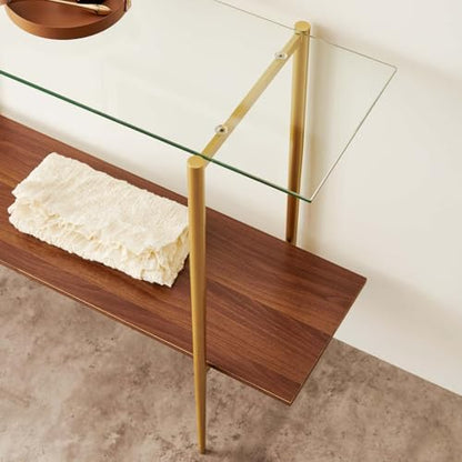 LumFurn Glass Console Table for Living Room, Foyer & Entrance, 2-Tiers Mid-Century Modern Sofa Table with Clear Glass Top, Walnut Finish Wood Top and Gold Finish Metal Frame - color: L40.9" Clear & Walnut