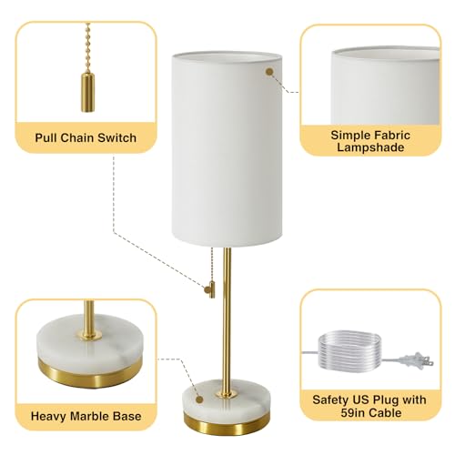 Desk Lamp & Table Lamp Set of 2, Bedside Lamps for Night Stands - Modern Small Table Lamps with Marble Base, Fabric Shade, Mini Pull Chain Bedroom Lamps for Living Room, Office, Reading (Gold) - color: Gold, White