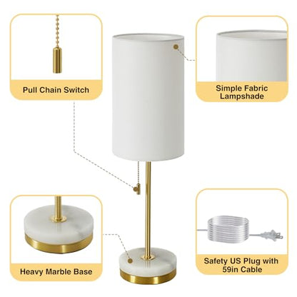 Desk Lamp & Table Lamp Set of 2, Bedside Lamps for Night Stands - Modern Small Table Lamps with Marble Base, Fabric Shade, Mini Pull Chain Bedroom Lamps for Living Room, Office, Reading (Gold) - color: Gold, White
