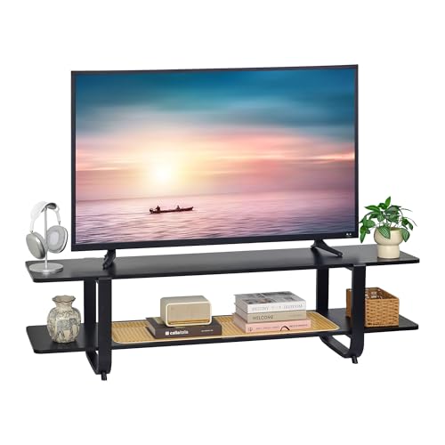 Bamboo TV Stand for TVs up to 65", Accent Entertainment Center with Storage, Media Console Table with Shelf, Modern TV Stand for Living Room, Bedroom, 54.3"(L), Black - color: Black