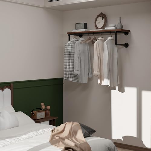 Clothes Rack 36in, Wall Mounted Garment Racks with Brown Real Wood Shelf, Heavy Duty Hanging Clothes Rack, Multi-Purpose Hanging Rod, Space-Saving Closet Storage - color: Brown, size: 1T36IN