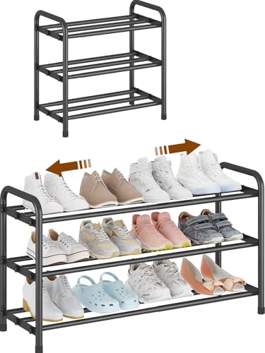 Expandable 3-Tier Shoe Rack for Closet & Entryway, Metal Shoe Organizer | Expandable • Adjustable Width • Holds 12 Pairs • Heavy-Duty Metal • Tool-Free Assembly • Fits Small Spaces - color: Black, size: 3-Tiers