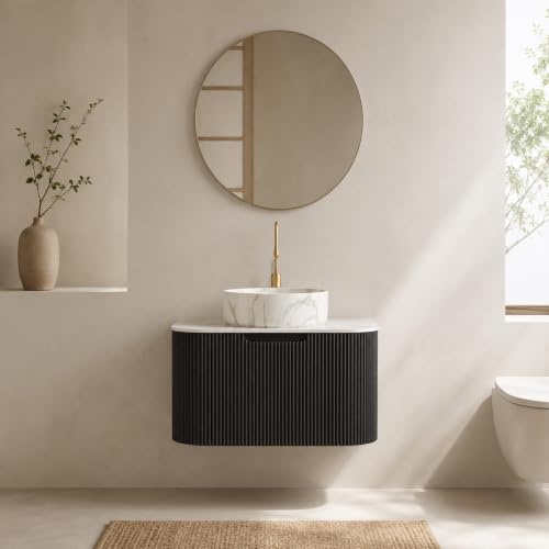 24" Floating Bathroom Vanity with Sink, Wall Mounted Plywood Cabinet, Black Fluted Front, Sintered Stone Countertop, White Marble-Look Ceramic Vessel Sink, Soft-Close Drawer, Pre-Assembled - color: Black Cabinet / White Marble Sink, size: 24 Inch