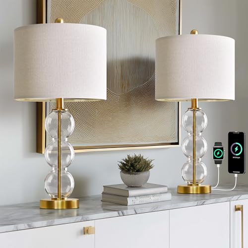 25" Glass Table Lamps Set of 2, Gold Modern Table Lamps with USB Ports for Living Room, Linen Shade Bedside Lamps for Bedroom, Nightstand, Side Table (Bulbs not Included) - color: Gold