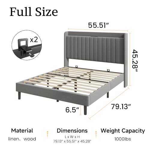 Full Linen Bed Frame with Storage Headboard & Charging Station | Vertical Channel Tufted, Mattress Non-slip Design, No Box Spring Needed, Noise-Free, Easy Assembly, Sturdy, Wingback - color: Grey, size: Full