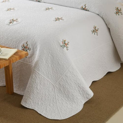 MarCielo 3pcs Cotton Quilt Set White Rose Bouquet | Embroidered Bedspread Lightweight All Season Quilted Bedding - color: White Rose Bouquet, size: Queen (98" x 90")
