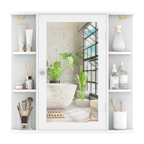COSTWAY Medicine Cabinet with Mirror, Wall Mounted Bathroom Storage Cabinet | with Mirror Door and Adjustable Shelves, Space-Saving Storage Organizer for Living Room Kitchen Entryway (White) - color: White