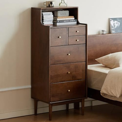 100% Solid Wood Nightstand, 6 Drawer Walnut Side Table with Open Shelve, Tall Nightstand for Small Spaces, Living Room, Bedroom, Hallway(Walnut, 19" W x 15" D x 47" H) - color: Walnut, size: 47" H