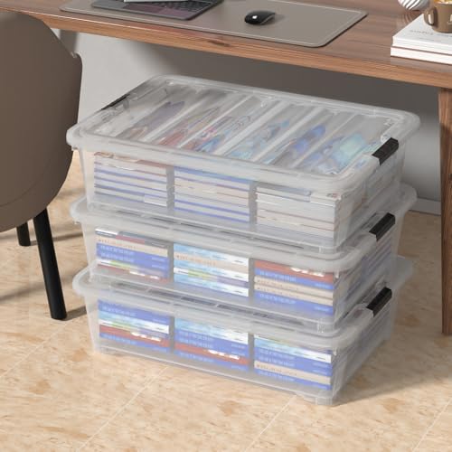 Hespama 3-Pack 50 Quart Plastic Underbed Storage Container Box, Clear | Plastic Latch Bin, For Under Bed Storage - size: 50 Qt