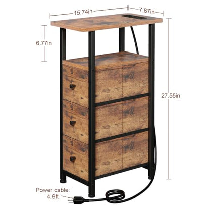 Narrow End Table with Charging Station, Small Nightstand | Skinny Side Tables Living Room with 3 Fabric Drawers, Slim Bedside Table for Bedroom, Small Spaces, Couch, Brown - color: Rustic Brown, size: 27.55''H (3 Drawers), style: Power