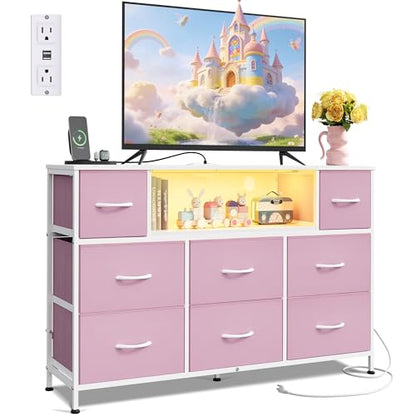 WLIVE LED Dresser TV Stand for 55 Inch TV, 8 Drawers, Pink | Fits TVs up to 55 inch, 8 fabric drawers, LED chest of drawers, Built-in power outlet, Living room or bedroom - color: A-pink