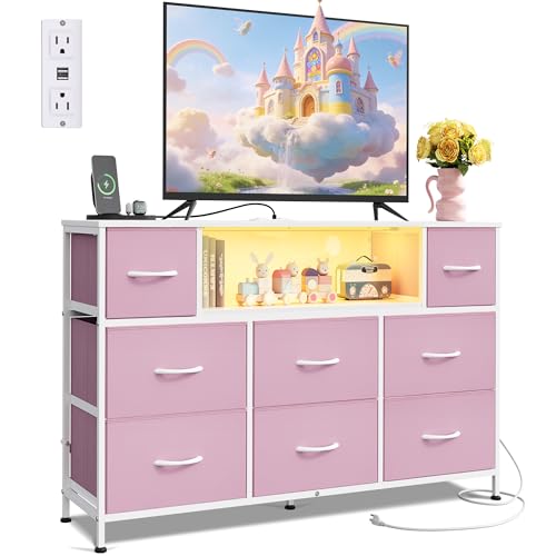 WLIVE LED Dresser TV Stand for 55 Inch TV, 8 Drawers, Pink | Fits TVs up to 55 inch, 8 fabric drawers, LED chest of drawers, Built-in power outlet, Living room or bedroom - color: A-pink