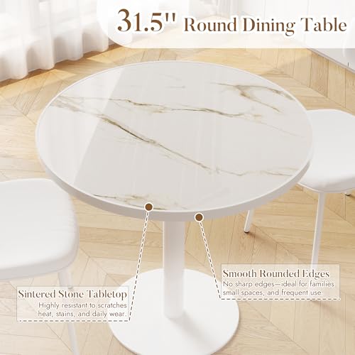 31.5'' Tulip Table, Round Dining Table with Sintered Stone Tabletop | White Aluminum Alloy Edge & Pedestal, Small Bistro Table for Dining Room/Café/Small Spaces/Restaurant (Calacatta Gold) - color: Calacatta Gold (White Edge), size: Round