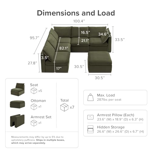 mopio Oversized Modular Sectional Sofa with Fully Removable Covers and Storage, Convertible U, L-Shaped and Sleeper Sectional, Modern Couches with Ottoman Chaise (Olive Green Velvet, 6 Seats, L) - color: [Gen 2] Olive Green Velvet, size: 6 Seats, L