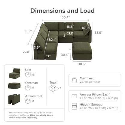 mopio Oversized Modular Sectional Sofa with Fully Removable Covers and Storage, Convertible U, L-Shaped and Sleeper Sectional, Modern Couches with Ottoman Chaise (Olive Green Velvet, 6 Seats, L) - color: [Gen 2] Olive Green Velvet, size: 6 Seats, L