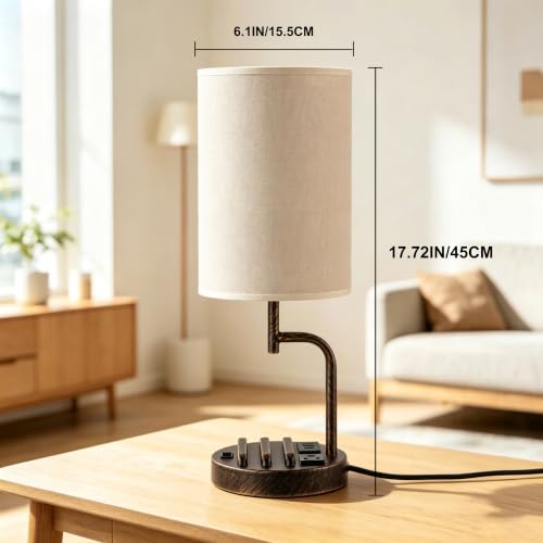 Dreamholder 2 Pack Table Lamp, Bedside Lamp with 3 USB Charging Ports & AC Outlet, USB Desk Lamp with 2 Phone Holders, Linen Fabric Shade Nightstand Lamps for Bedroom Living Room Office, Antique Brass - color: Antique Brass