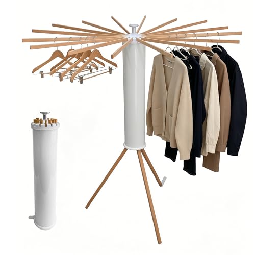 Clothes Drying Rack Foldable, Rotary Tripod Laundry Drying Rack,16 Wooden Poles,Rotatable Portable Floor Standing Clothes Airer,Laundry Drying Rack Floor Standing