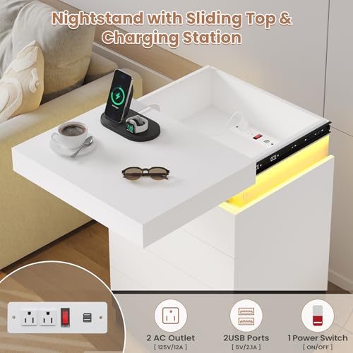 ADORNEVE White Night Stand Set of 2 with Sliding Top | Nightstand with Charging Station & LED Light,Bedside Table with Drawers,Modern Bed Side Tables Bedroom - color: White, size: 2PC