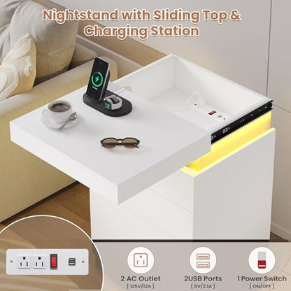 ADORNEVE White Night Stand Set of 2 with Sliding Top | Nightstand with Charging Station & LED Light,Bedside Table with Drawers,Modern Bed Side Tables Bedroom - color: White, size: 2PC