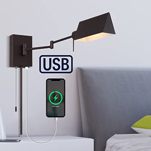 JONATHAN Y Arlo 22" 1-Light Metal Swing Arm Wall Sconce, Oil Rubbed Bronze | Plug-In Or Hardwired, USB Charging Port, Pull Chain, Industrial Farmhouse Design, Adjustable Head, LED Bulb Included - color: Oil-Rubbed Bronze, size: 1-Light