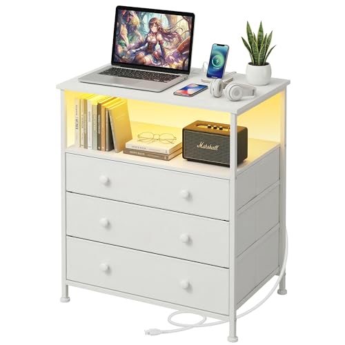 3-Drawer LED Nightstand with Charging Station, White | Engineered Wood and Steel, 2 AC and 2 USB ports, 24 Inch Wide, RGB App Control, Fabric Drawers, Open Storage Shelf - color: White