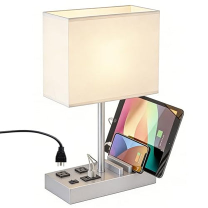 Dreamholder Bedside Table Lamp with 3 USB Charging Ports, 2 AC Outlets and 3 Phone Stands, Modern USB Desk Lamp with Silver Wooden Base