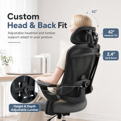 Ergonomic Office Chair, Home Office Desk Chairs with Adjustable Lumbar Support and Headrest, High Back Mesh Computer Desk Chair with 3D Flip-up Armrests & 360° Swivel Wheels, 275 LBS - color: Grey With Lumbar Support
