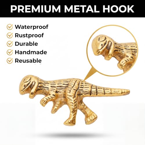 Indian Shelf Set of 3 Gold Dinosaur Wall Hooks for Coats, Bags and Hats - style: Tyrannosaurus