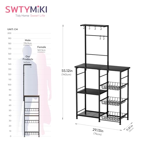 SWTYMIKI Bakers Rack with Storage - Coffee Bar Cabinet with Shelves, Coffee Station Organizer and Kitchen Stand with 8 Hooks, Baskets, Adjustable Feet for Kitchen Dining Room Pantry, Black - color: Black, size: Coffee Station with Basket