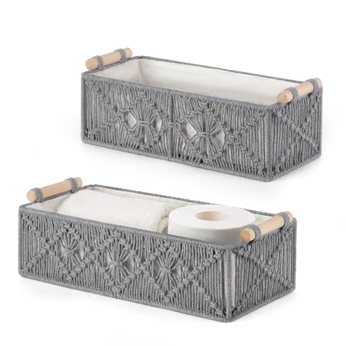 Mkono 2Pc Macrame Storage Basket, Boho Decor Toilet Paper Holder, Grey | Small Baskets for Organizing, Hand-Woven, Bohemian Beach Coastal Decor, Shelf Vanity Cabinet Bedroom Living Room Office Dorm - color: Grey
