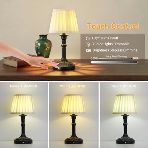 Cordless Table Lamp,Portable Fabric Shade LED Des Lamps,5200mAh Battery Operated,3 Color Stepless Dimming Up,for Restaurant, Bedroom, Camping, Bar, Coffee Shop, Night Light (Black)
