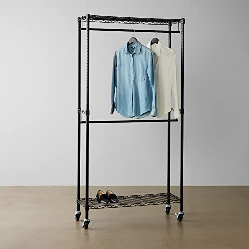 Amazon Basics Adjustable Double Rod Rolling Garment Rack, Hanging Clothes Closet Organizer with Wheels, Heavy Duty, 36" x 14" x 72", Black - color: Black