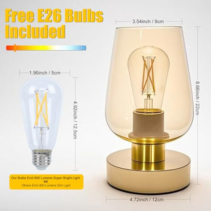 Touch Bedside Table Lamp with Glass Shade, Gold Modern Small Lamp for Bedroom Living Room Nightstand, 3 Way Dimmable Desk Lamp with USB C+A+AC Outlet Charging Ports, 800LM LED Bulb Included - color: Gold