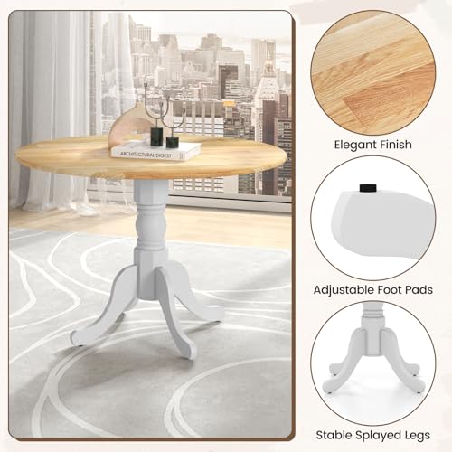 COSTWAY Round Dining Table for 4, 39-inch Wooden Kitchen Table With Solid Rubber Wood Frame, Curved Trestle Legs, Adjustable Foot Pads, Mid Century Rustic Dinning Table for Living Room (Natural+White) | Curved Trestle Legs, Adjustable Foot Pads, Mid Centu