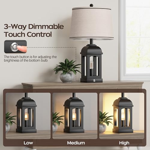 QiMH Table Lamp for Living Room, Farmhouse Lamps Set of 2 with USB A+C and Nightlight, 26" Rustic Bedside Lamps with 3-Way Dimmable Touch Control, Nightstand Lamp for Bedroom Decor, Black - color: Black, size: Set of 2