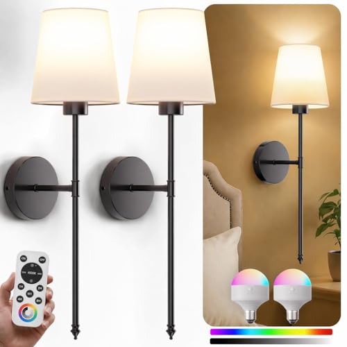 IRONPAX Wall Sconces Battery Operated Set of 2, Wireless Rechargeable Wall Sconce Set of Two, Dimmable Wall Lights with Remote for Bedroom Living Room Hallway Decor (Black, Fabric Shade) - color: Black