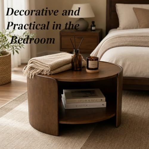Walnut Round Coffee Table, 2-Tier 31.5" Open Storage Modern Center Table | Mid Century Wooden Circle Coffee Table with Shelf & Curved Wood Legs for Living Room, Home Office, Reception Room, Apartment - color: Walnut