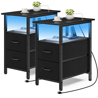 Set of 2 Black Nightstand with Charging Station and LED Lights, Narrow Side Table, LED Night Stand with 2 Fabric Drawers, Bedside Table Small End Table, Tall Nightstand for Bedroom, Black - color: Black, size: 2, style: With LEDs