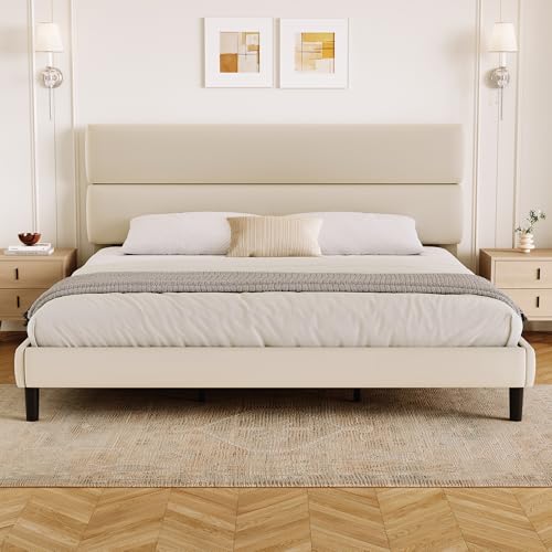 GRUSIGN King Size Platform Bed Frame with Velvet Headboard, Adjustable Height Wooden Slats Support, Upholstered Mattress Foundation, Fits Mattress or Mattress with Box Spring, Easy Assembly, Beige - color: Beige, size: King